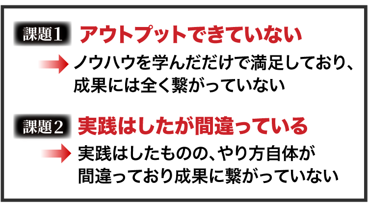 課題１、 アウトプットできていない・課題２、実践はしたが間違っている